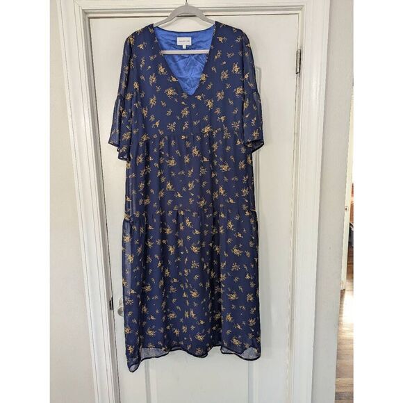 Park and Fifth Rennie Midi Dress women's size Large navy blue chiffon vneck - Picture 1 of 7
